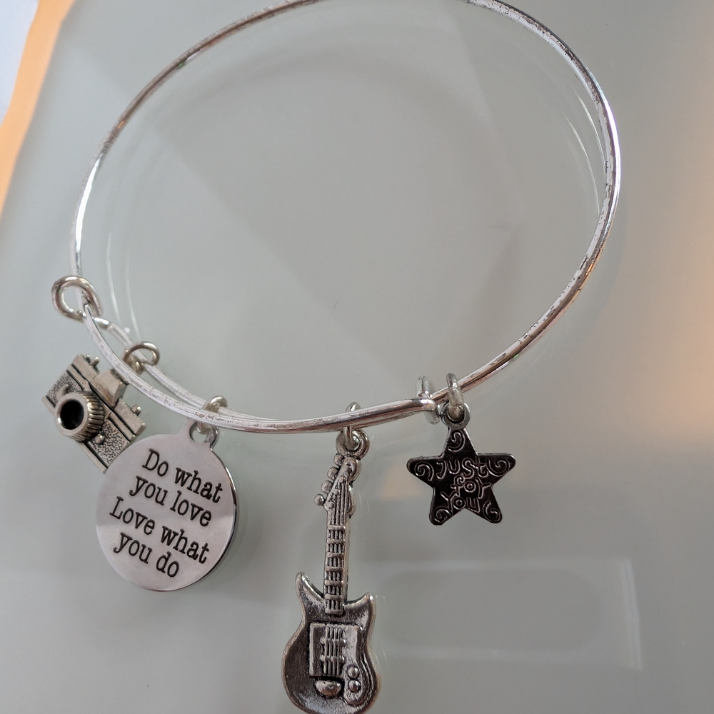 Silver Charm Bracelet with Guitar and Camera